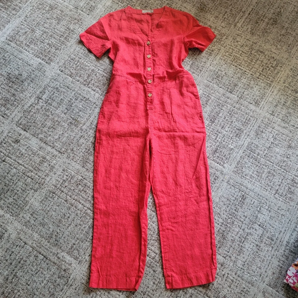 Everlane 100% Linen Short Sleeve Cropped Straight‎ Leg Jumpsuit in Red Size 4